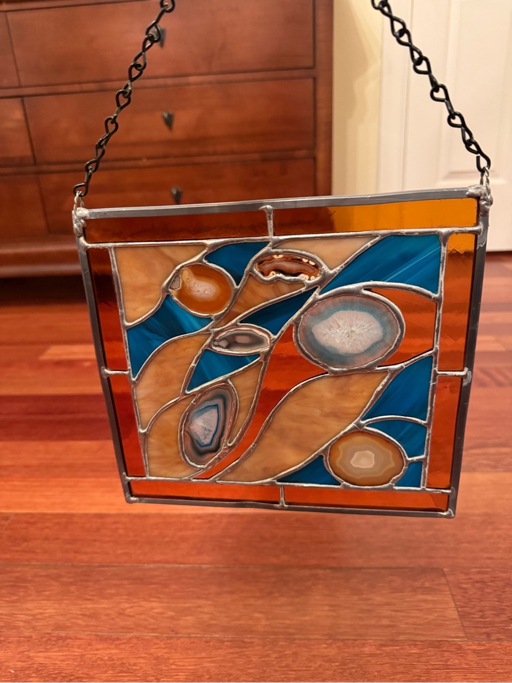Stained Glass Sun Catcher Panel  Window Glass Blue & Amber/Brown 9.5” x 8.5”